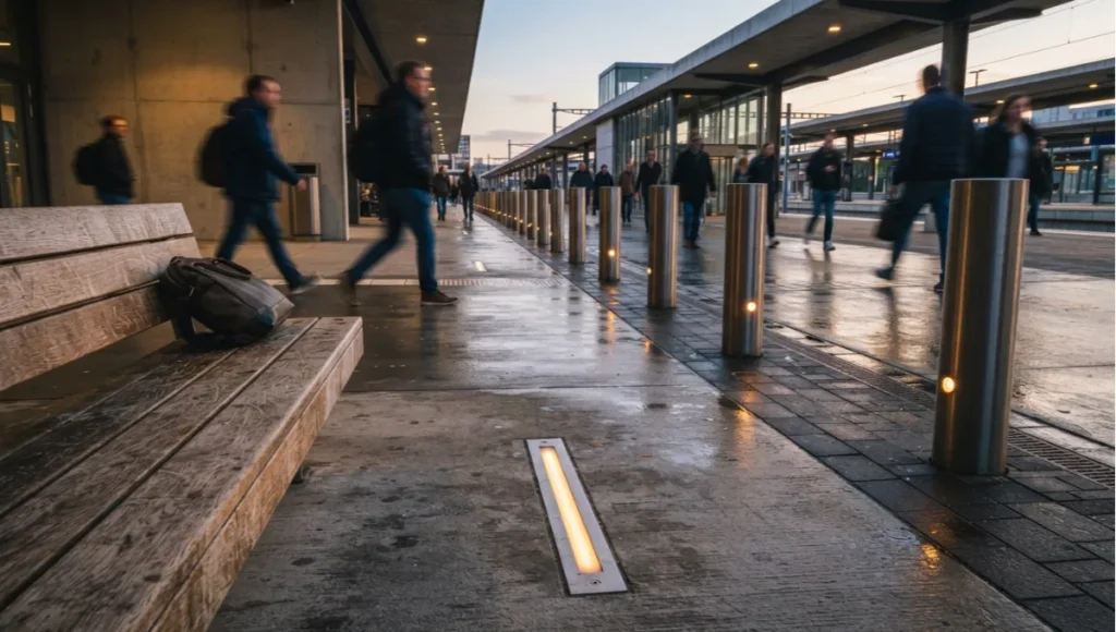 Golden-hour photo of a European pedestrian transit corridor with embedded sensor paving and ambient lighting, illustrating playable cities game mechanics public space design.