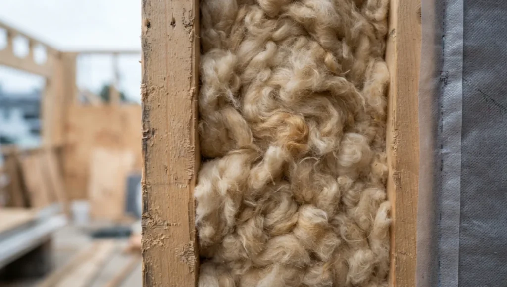Macro cross-section of raw sheep wool insulation batt packed into a timber stud wall cavity, showing loose cream-colored wool fiber texture and rough-sawn spruce framing used in natural fiber insulation construction.