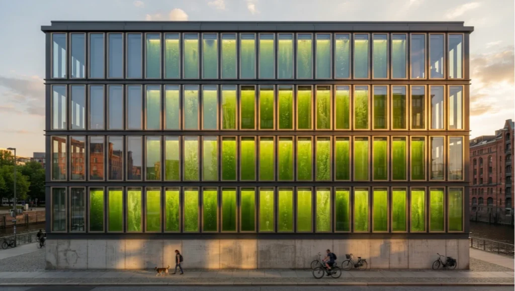Algae bioreactor facade on a Hamburg residential building showing 129 green glass photobioreactor panels in golden hour light, an example of synthetic biology self-cleaning building technology.
