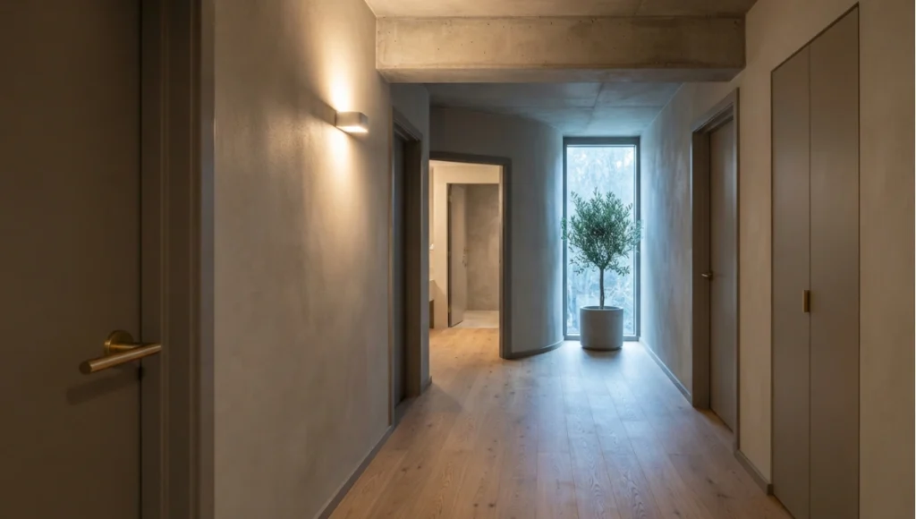 Continuous oak-floored corridor in an intergenerational living suite floor plan showing circadian lighting gradient and single-turn wayfinding design between elder suite and bathroom.