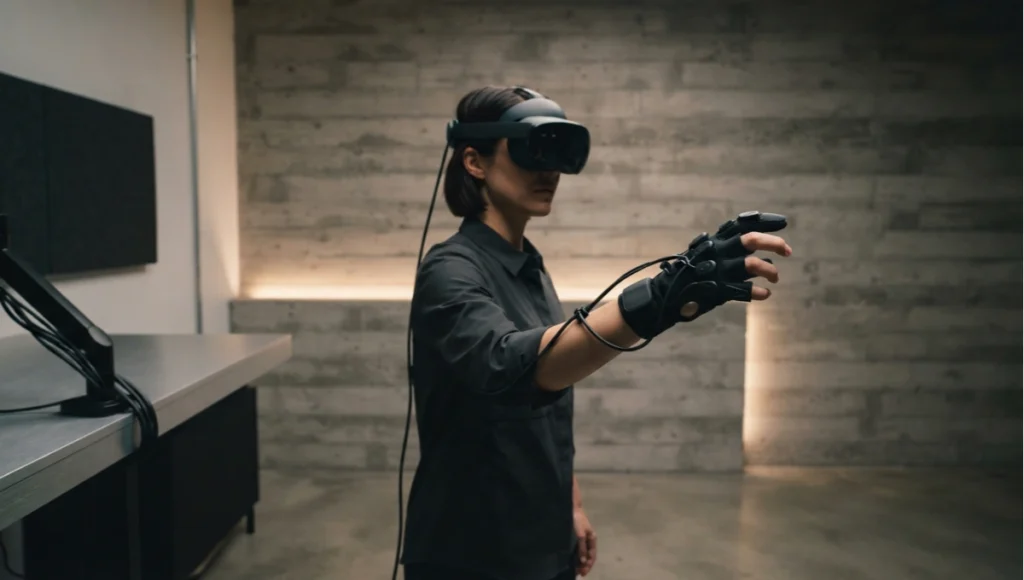 Designer using a haptic feedback glove during a VR design review, demonstrating real-time architectural review technology in a studio with raw concrete walls.