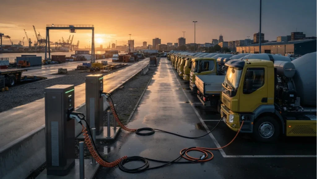 Golden hour photo of a zero emission construction logistics staging yard with battery-electric mixer trucks queued on wet asphalt, charging infrastructure and brushed steel stations in sharp focus, shot on 24mm tilt-shift lens.