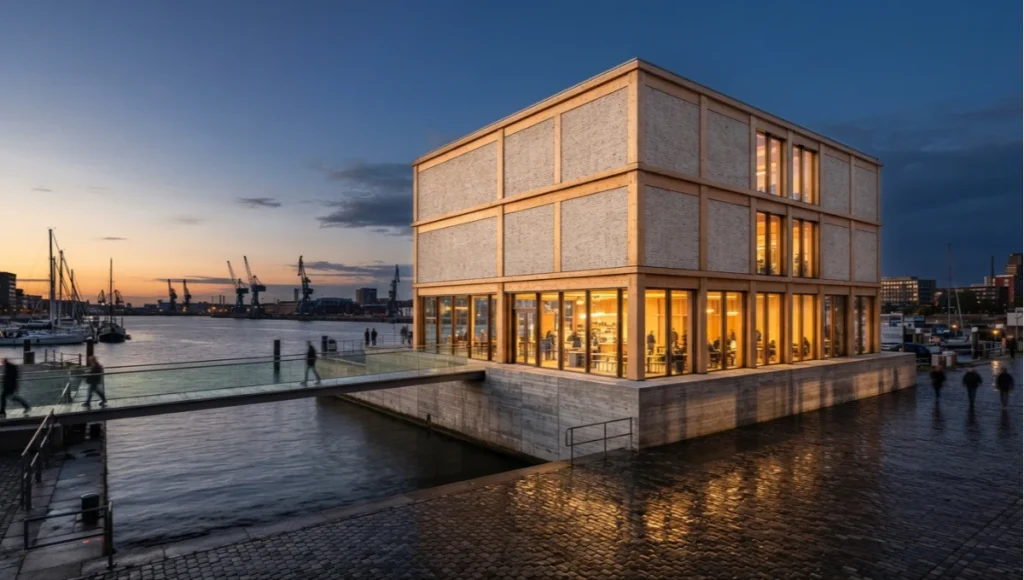 Exterior dusk photo of the Rotterdam Delta Pavilion concept, a mycelium brick and cross-laminated timber mixed-use building on a raised flood-resilient podium, showcasing carbon-negative regenerative infrastructure by Nuvira Space.