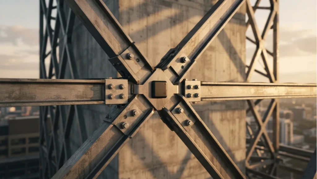 Close-up architectural photo of a quantum sensor node embedded in a steel diagrid connection, illustrating structural health micro-crack detection technology at golden hour.