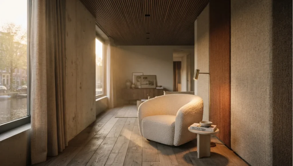 Golden-hour interior of a soundscaped living room with wood slat acoustic ceiling, bouclé armchair refuge nook, brushed brass lamp, and canal-facing window seat demonstrating mood-first acoustic interior design.
