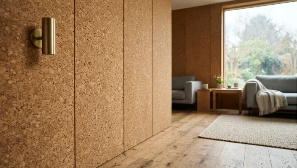 Close-up interior view of expanded cork wall panels with natural granular texture, diffused daylight, brushed brass sconce, and reclaimed oak flooring in a sustainable residential retrofit.