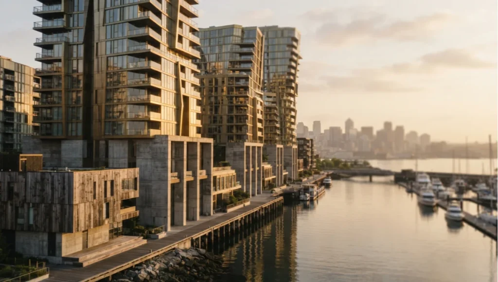 Golden-hour architectural photograph of a wind-responsive mixed-use tower cluster on a harbor waterfront, showing raw concrete piers, brushed brass curtain wall, and weathered oak cladding on a narrow-profile massing design.