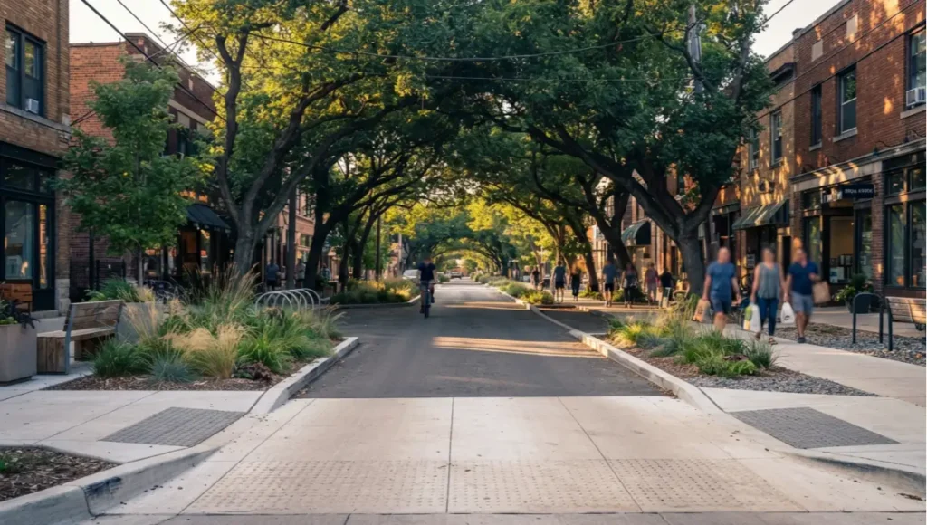Retrofitted city arterial cool corridor with continuous tree canopy shade, permeable light-colored pavement, and bioswale planting strip, demonstrating urban heat island mitigation through engineered green infrastructure.