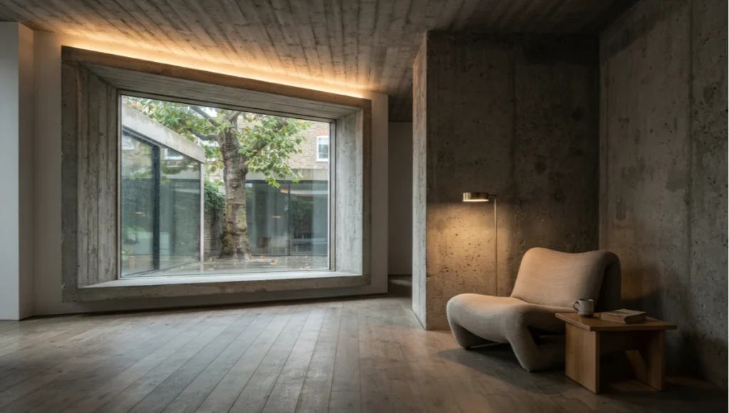 Brutalist architecture interior with exposed raw concrete ceiling, deep-set window reveal, and warm circadian lighting against oak flooring — example of residential Brutalist apartment design.