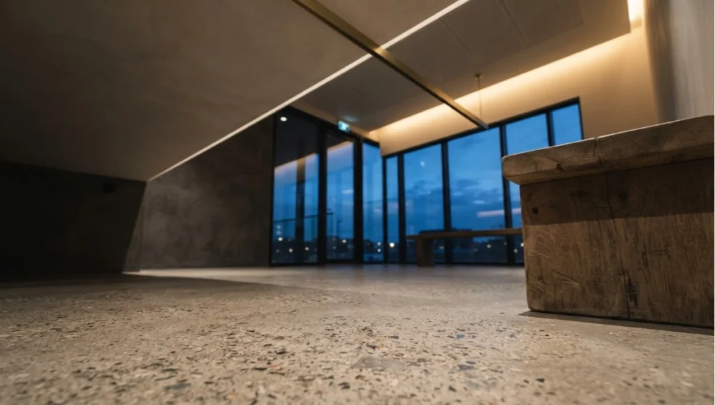 Low-angle interior photograph from a refuge corner showing warm circadian cove lighting, raw concrete flooring, and weathered oak detailing at dusk — example of sensory-calm residential design