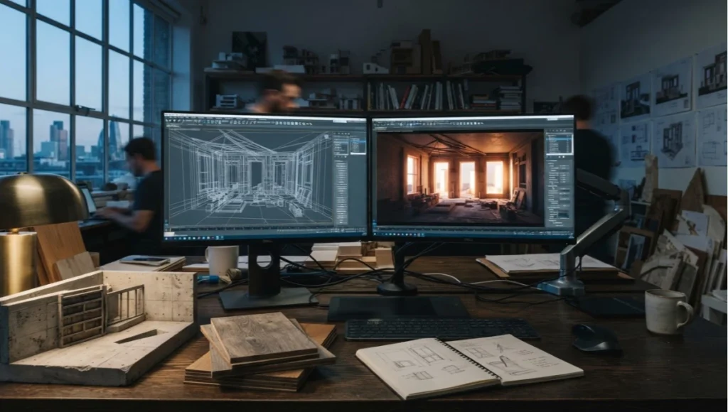Architecture studio workstation comparing wireframe proxy geometry against a fully rendered global illumination scene, illustrating generative ArchViz software workflow with raw concrete and weathered oak material samples in foreground