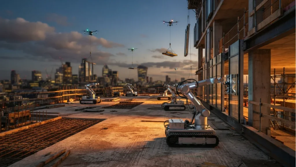 Swarm robotics replacing tower cranes construction — coordinated fleet of ground and aerial robotic units assembling facade panels in parallel on an urban mid-rise site at golden hour, raw concrete and brushed steel textures.