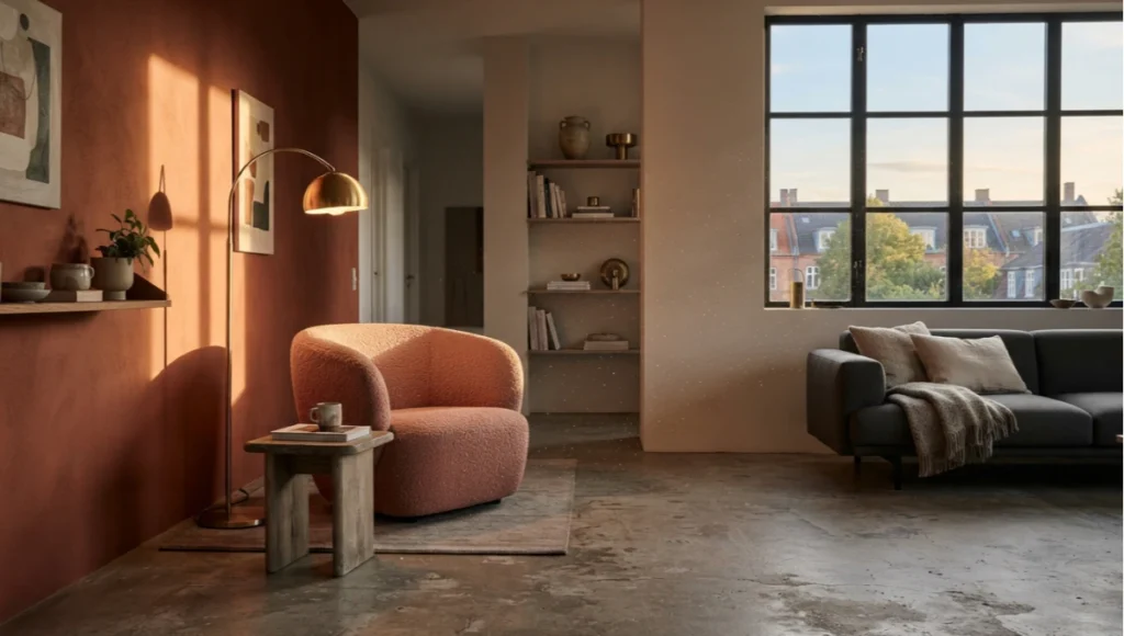 Golden-hour interior photograph of a Copenhagen apartment living room showing dopamine decor design with a terracotta accent wall, brushed brass lighting fixture, and raw concrete flooring illustrating circadian lighting and biophilic color strategy.