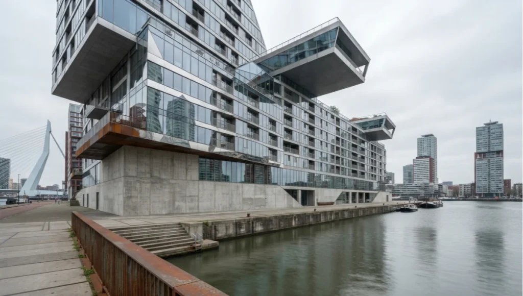Overcast daylight photo of a Rotterdam waterfront mixed-use building showing glazed façade reflections, brushed steel cantilever detail, and raw concrete ground-floor plinth — architectural visualization reference for NeRF reconstruction.