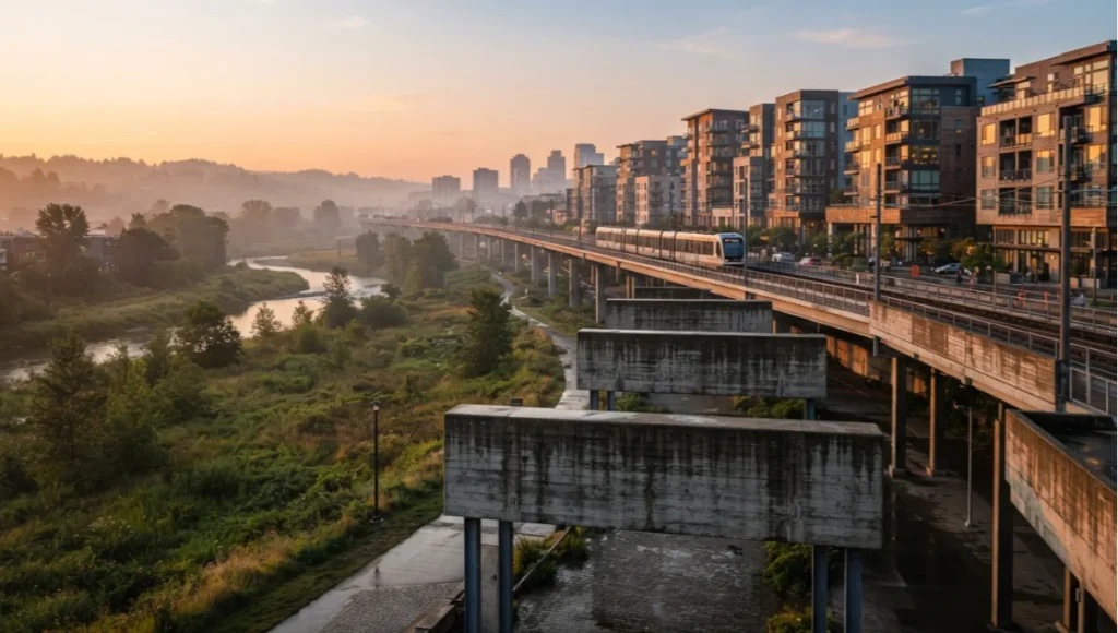 Elevated transit-oriented district above a floodplain at golden hour, showing raw concrete podium foundations and a light-rail viaduct with weathered oak cladding — climate migration urban planning relocation infrastructure.