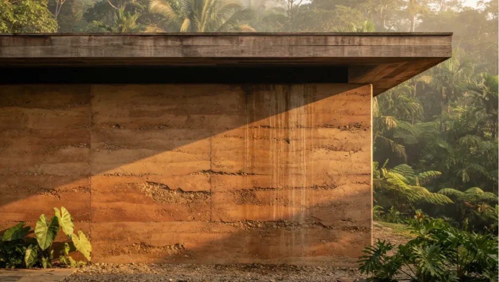 Golden-hour photograph of a stabilized rammed earth facade in a humid climate, showing horizontal earth-wall striations, a timber roof overhang, and moisture-control drip-edge detailing.
