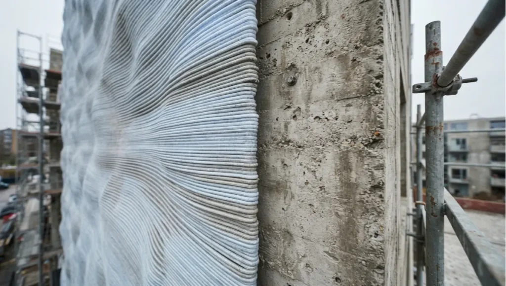 Close-up architectural photograph of a graded aerogel 3D printing filament thermal performance wall section, showing layered print texture against weathered concrete substrate during a building envelope retrofit.