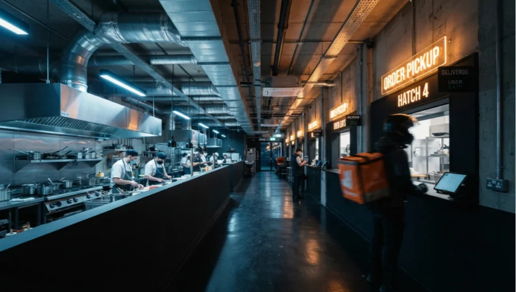 Ultra-realistic architectural photo of a dark kitchen delivery hatch bank, exposed concrete ceiling with commercial exhaust ductwork, brushed steel hood canopies, and a rider silhouetted at the hatch under warm signage lighting.