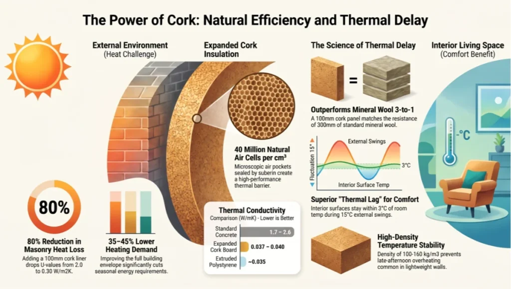 The Power of Cork: Natural Efficiency and Thermal Delay