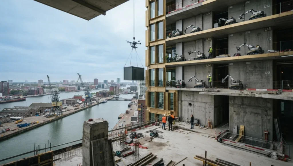 Meridian Hive speculative concept study by Nuvira Space — swarm robotic construction of an 18-story panelized tower in Rotterdam without a tower crane, brass facade detailing and modular bathroom pod placement under diffused overcast light.