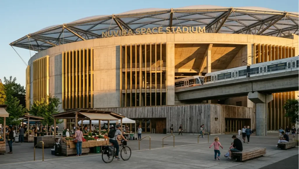 Nuvira Space's World Cup 2026 stadium with raw concrete façade, brushed brass sun-shading fins, weathered oak concourse cladding, and integrated light-rail viaduct, photographed during golden hour with 24mm tilt-shift lens — demonstrating transit-embedded stadium architecture and post-tournament civic infrastructure design.
