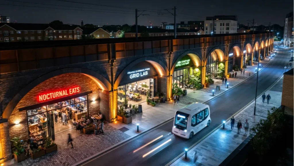 The Nocturnal Grid by Nuvira Space — speculative concept study of a post-industrial railway viaduct corridor retrofitted as a 24-hour mixed-use night economy district, Corten steel arch lighting, autonomous electric micro-transit, biophilic moss courtyard, cinematic architectural photography 35mm tilt-shift