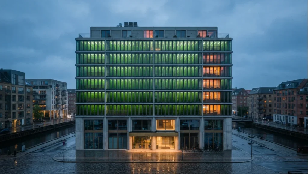 Verdant Threshold, a Nuvira Space speculative concept building in Copenhagen with a 620 square meter bioreactor facade divided into 8 independent zones, illustrating future synthetic biology architecture.