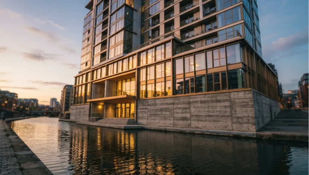Rotterdam Tidal Commons, a speculative amphibious architecture concept by Nuvira Space, showing a board-formed concrete plinth and bronze-toned glazing at golden hour canal level — internal concept study, not a completed project.