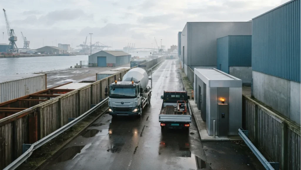 Rotterdam Corridor Twin concept render by Nuvira Space showing battery-electric flatbed and mixer trucks at a zero emission construction logistics micro-hub, wet asphalt corridor under diffused winter light.