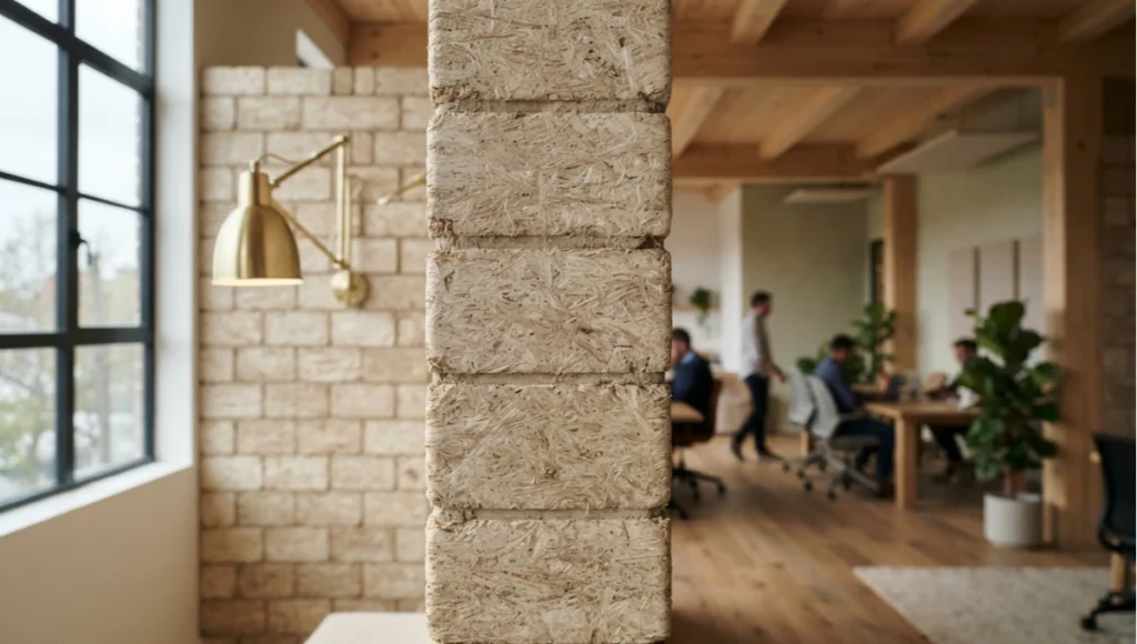 Close-up interior photo of a mycelium brick acoustic partition wall texture beside a daylit co-working studio with cross-laminated timber beams, illustrating carbon-negative insulation material in regenerative infrastructure design.