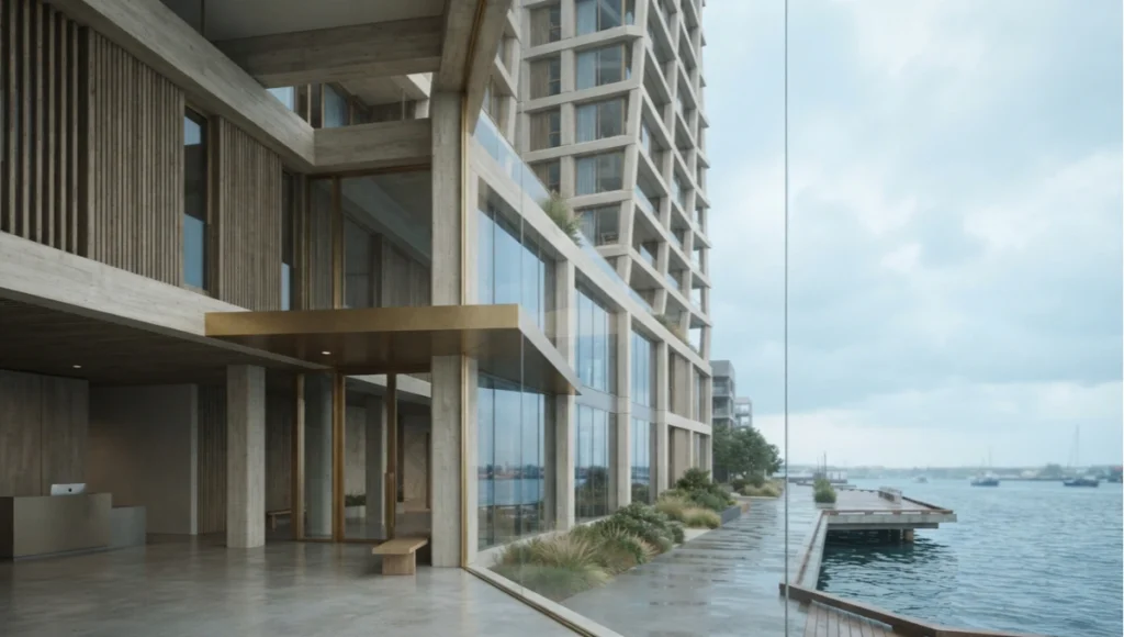 Speculative concept visualization of Nuvira Space's "Maasgrid" project — a wind-responsive, flood-datum-aware mixed-use building with concrete, brushed brass, and weathered oak facade materials on a Rotterdam-style harbor site.