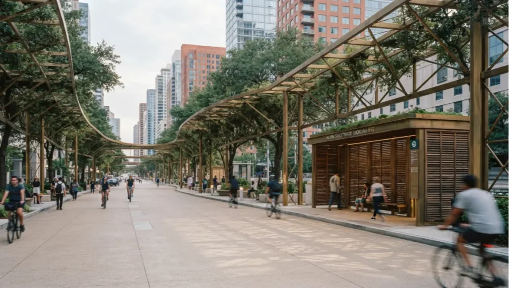 Nuvira Space concept rendering of the Meridian Shade Grid, a speculative arterial retrofit featuring a brushed brass canopy trellis, weathered oak transit shelter, and high-reflectivity paving as part of an engineered urban heat refuge corridor.