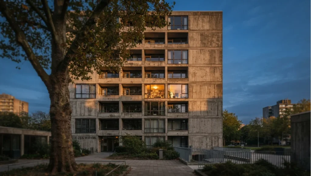 Nuvira Space concept render of Project Monolith Circadian, a retrofitted Brutalist residential block in Rotterdam with preserved raw concrete facade, deep window reveals, and warm circadian interior lighting at golden hour.