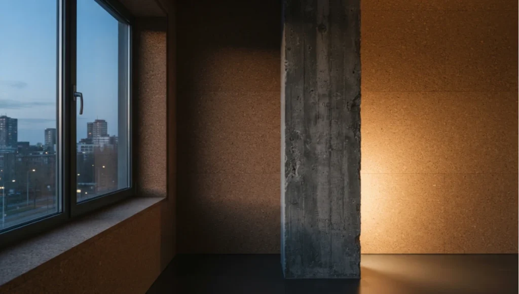 Speculative Nuvira Space retrofit concept showing cork wall panel lining against exposed concrete structure in a Rotterdam apartment building, illustrating sustainable interior insulation retrofit.