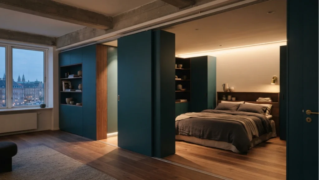 Nuvira Space Project Solhus interior in Copenhagen showing a deep teal modular wall panel system in the sleep zone, warm timber flooring, and 2200K evening circadian lighting for a speculative dopamine decor retrofit.