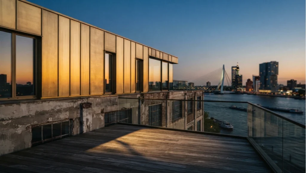 Golden hour architectural rendering of the Nuvira Space 'Kade Verlicht' concept study, showing a brushed brass rooftop addition with weathered oak decking above an existing Rotterdam concrete and glass building.