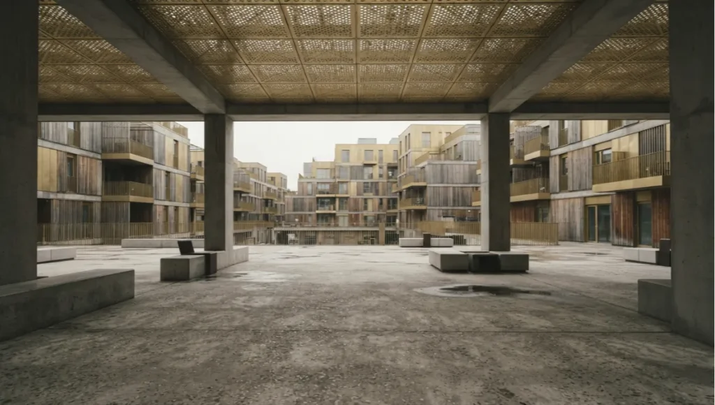 Nuvira Space concept rendering of Meridian Basin transit plaza, brushed brass sunscreen ceiling and weathered oak cladding over raw concrete flooring — speculative climate migration urban planning relocation district by Nuvira Space.