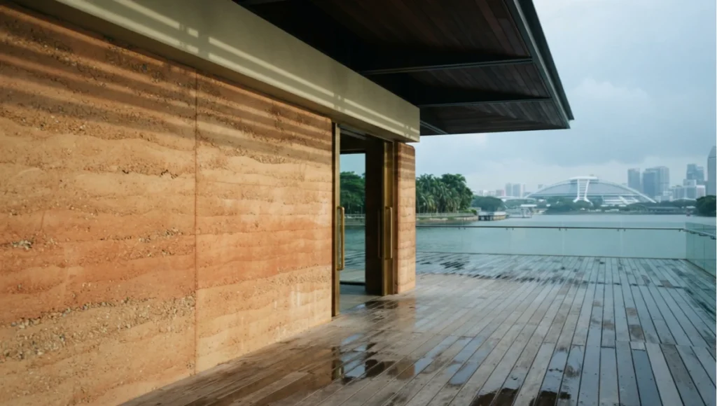 Rendering-style photograph of the Kallang Monsoon Pavilion, a speculative Nuvira Space concept study, showing a rammed earth gathering hall opening onto a waterfront terrace in Singapore under diffused monsoon light.