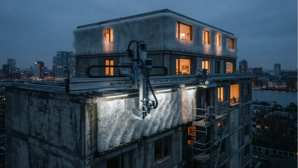 Nuvira Space concept rendering of a 6-axis robotic gantry printing a graded aerogel 3D printing filament thermal performance envelope onto a Rotterdam concrete-frame retrofit at dusk.