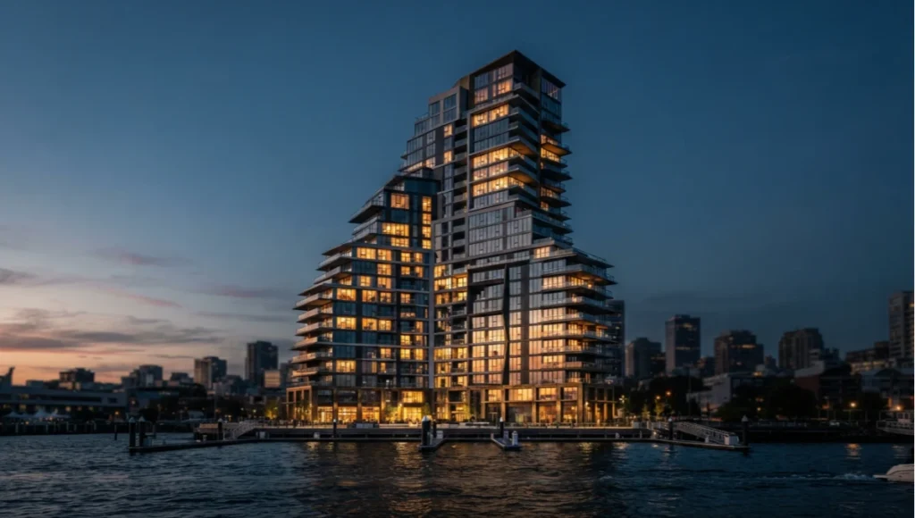 Dusk architectural visualization of Meridian Terrace, a speculative Nuvira Space waterfront concept tower, showing stepped terraced massing, weathered brass ground-floor cladding, and warmly lit residential corridor glazing against a twilight sky.