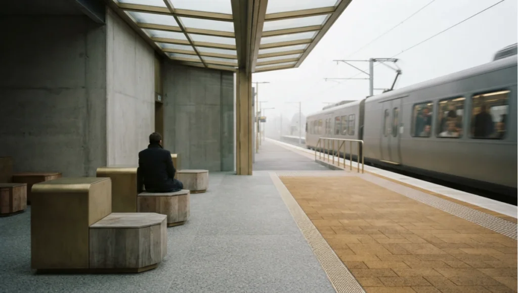 Nuvira Space concept rendering of Pulse Corridor, a speculative transit-oriented public space with modular brass-and-oak seating pods and responsive amber-lit paving.