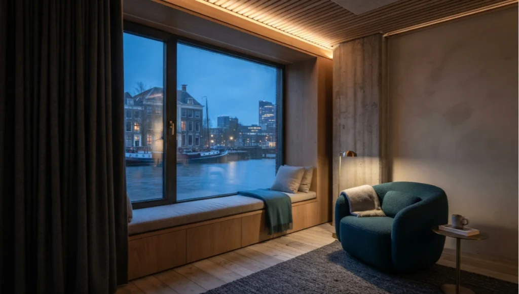 The Tidal House by Nuvira Space, a speculative Rotterdam canal apartment concept with felt-lined slatted ceiling, teal bouclé refuge armchair, and acoustic window seat illustrating soundscaping acoustic room design.
