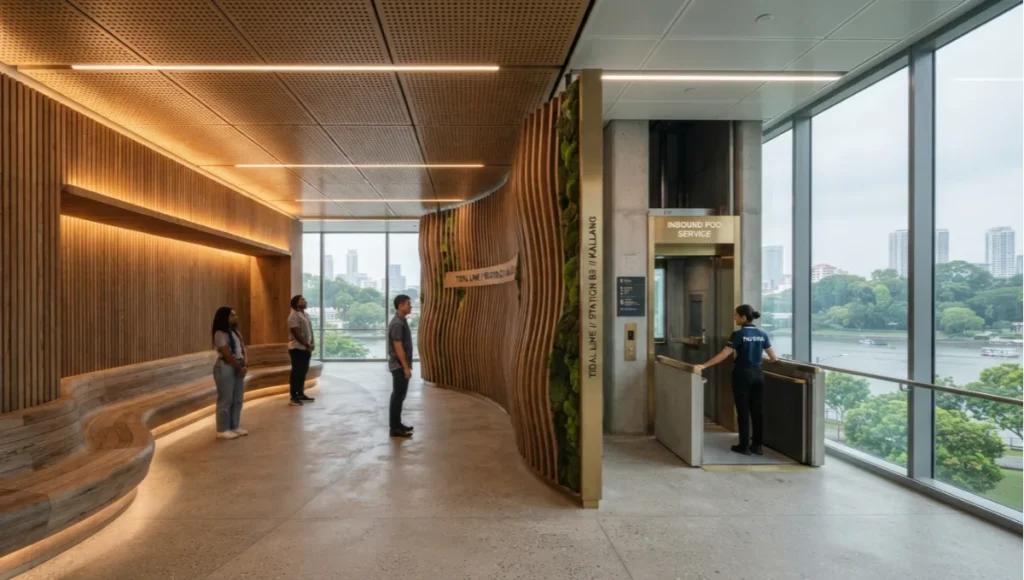 Nuvira Space concept architecture photo of Tidal Line dark kitchen hub in Singapore, showing dual-loop circulation, acoustic screen, weathered oak break alcove, and brushed brass counter hardware under diffused daylight.