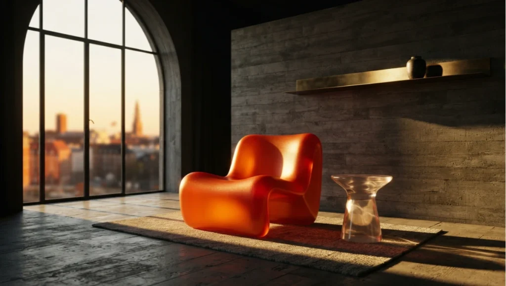 Sculptural blood-orange gummy silicone lounge chair glowing in golden-hour light beside a translucent resin side table, raw concrete wall and brushed brass accents — high-end 2026 gummy home decor interior photography.