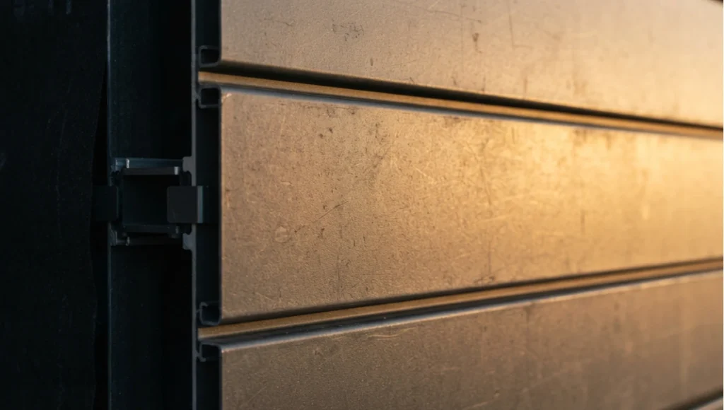 Close-up detail of recycled aluminum siding panels in Kynar 500 PVDF graphite finish showing horizontal reveal profile, ventilated rainscreen cavity, and FRP thermal break rail — regenerative infrastructure facade specification 2026.