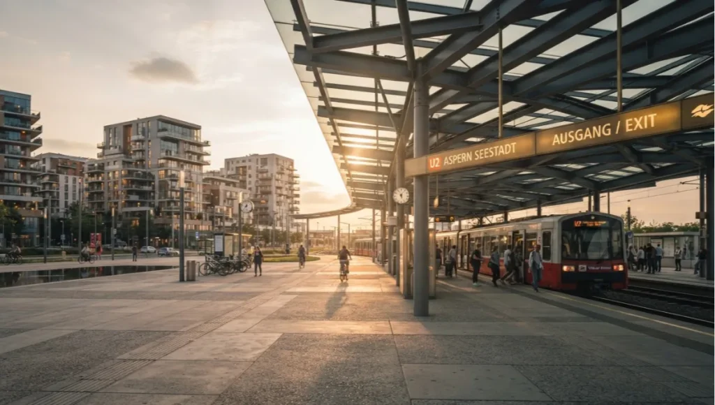 Sunken concrete water plaza in Rotterdam holding shallow rainwater, with weathered oak seating and brushed steel railings, demonstrating resilient stormwater infrastructure as public civic space.