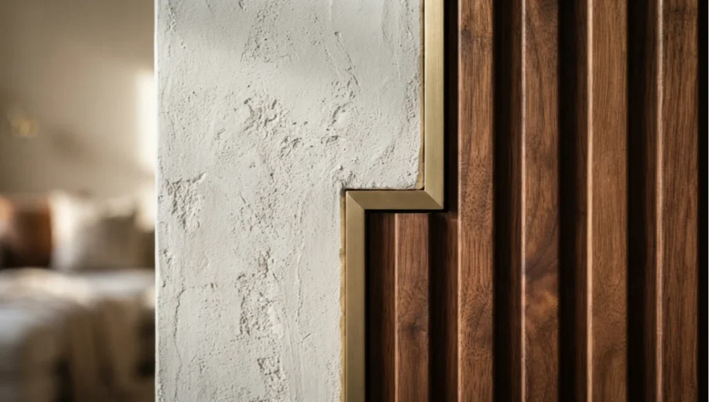 Architectural visualization close-up showcasing physically based rendering (PBR) materials, including textured Venetian plaster, ribbed walnut timber, and brushed brass with realistic ambient occlusion.