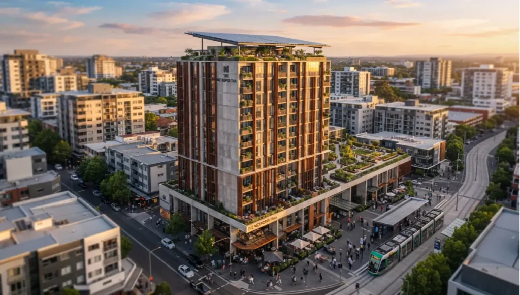 Aerial tilt-shift view of a transit-oriented micro-apartment tower with rooftop solar canopy and shared amenity deck, illustrating the vertical mixed-use integration strategy central to micro-apartment city planning.