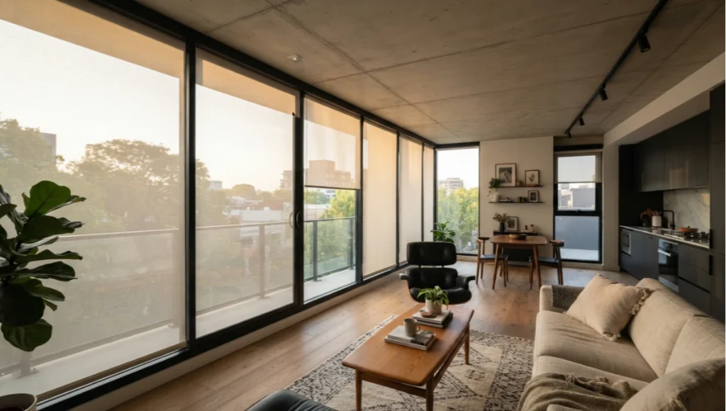 Interior view of a modern apartment with motorized roller shades at 70% open position — automated window treatment system with ceiling-mounted lux sensor in raw concrete and oak interior, demonstrating precision daylight control in residential space.