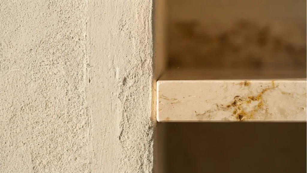 Limewash plaster wall texture and honed travertine shelf in warm minimalism interiors — biophilic material surfaces that activate parasympathetic nervous system response